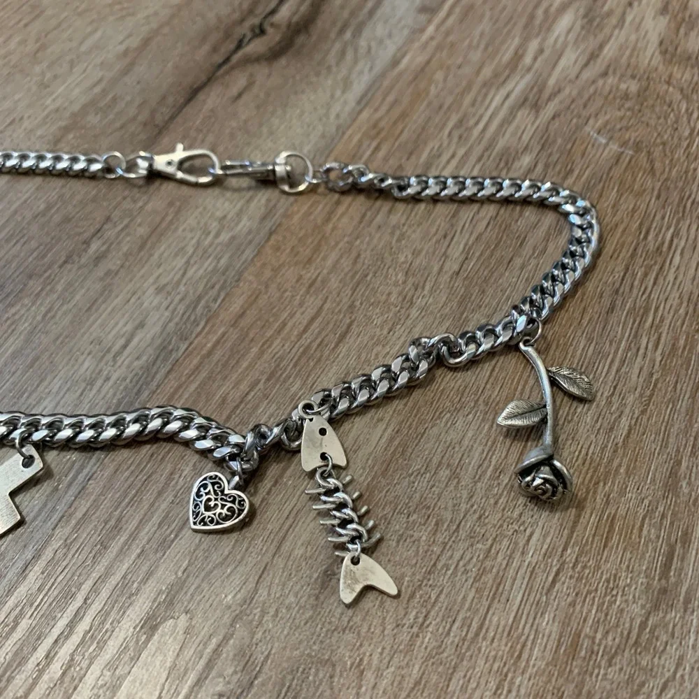 DIY handmade wallet pocket chain - bones rose heart cross